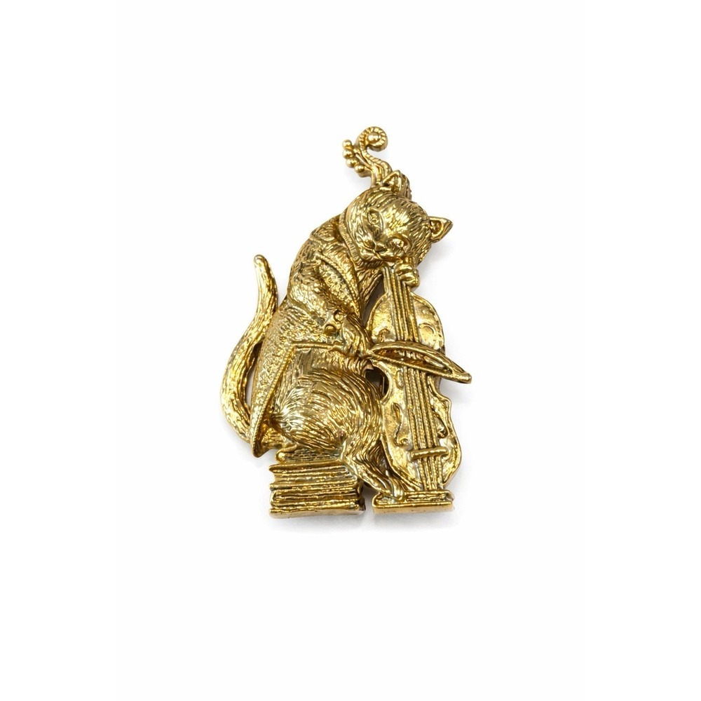 Vintage 1928‎ Cat Playing Cello Brooch Gold Tone Figural Musician Kitty Pin